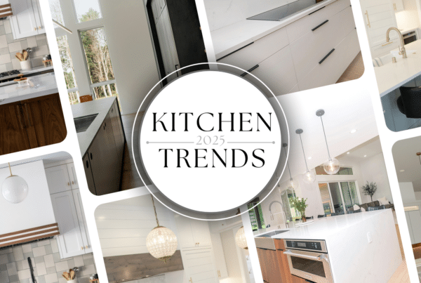 Collage of trending kitchen designs for 2025 featuring mixed materials, minimalist cabinetry, and statement lighting.