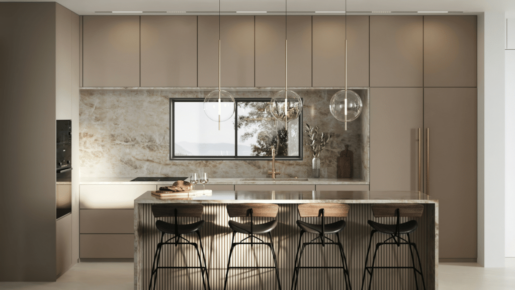 Modern kitchen with marble backsplash, taupe cabinets, and globe pendant lighting over a fluted island